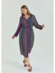 Shirt Collar Belt Detailed Purple Patterned Long Sleeve Plus Size Dress 4612
